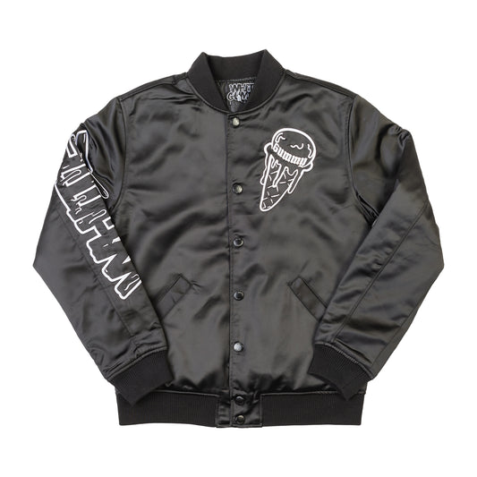 WHITE GUMMY SATIN BASEBALL JACKET - BLACK