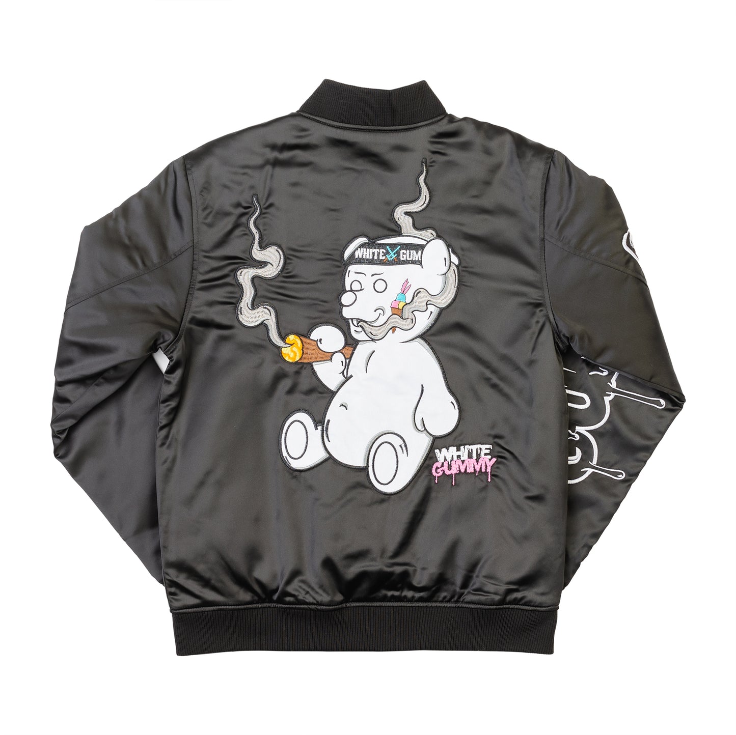 WHITE GUMMY SATIN BASEBALL JACKET - BLACK