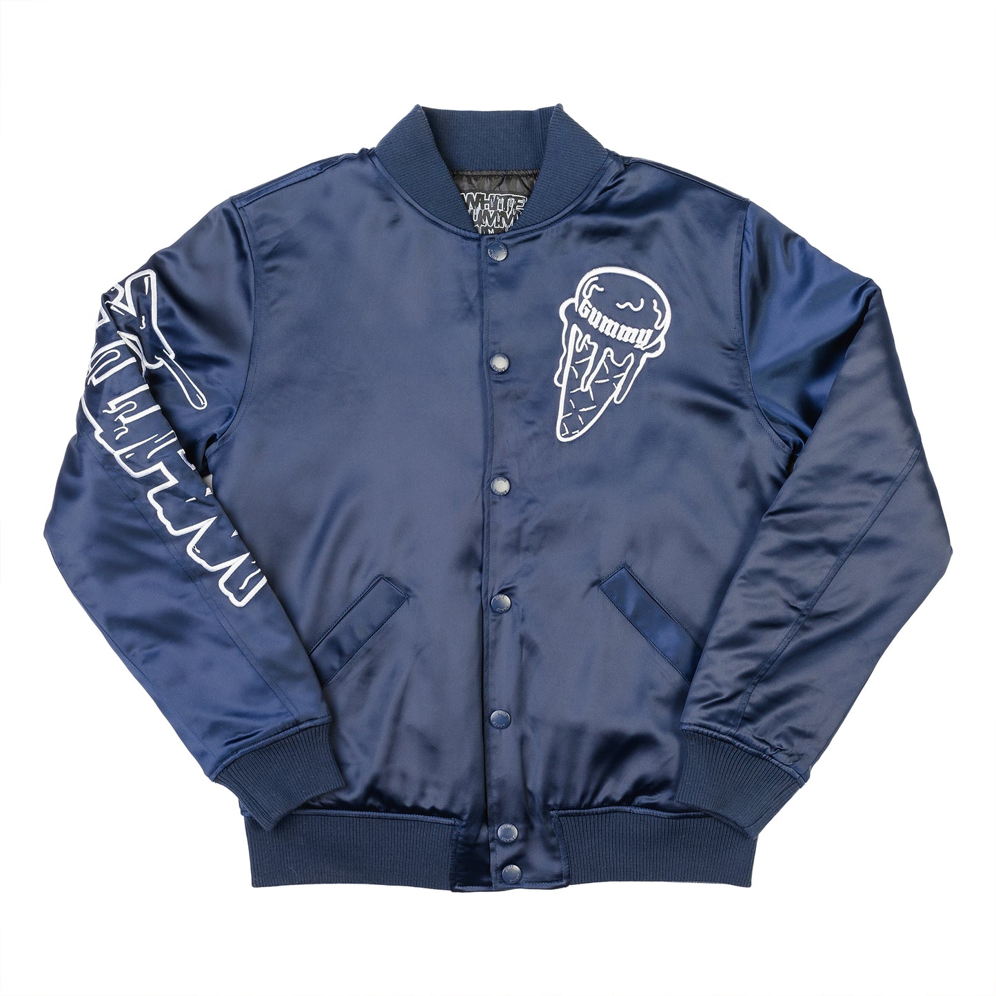 WHITE GUMMY SATIN BASEBALL JACKET - NAVY