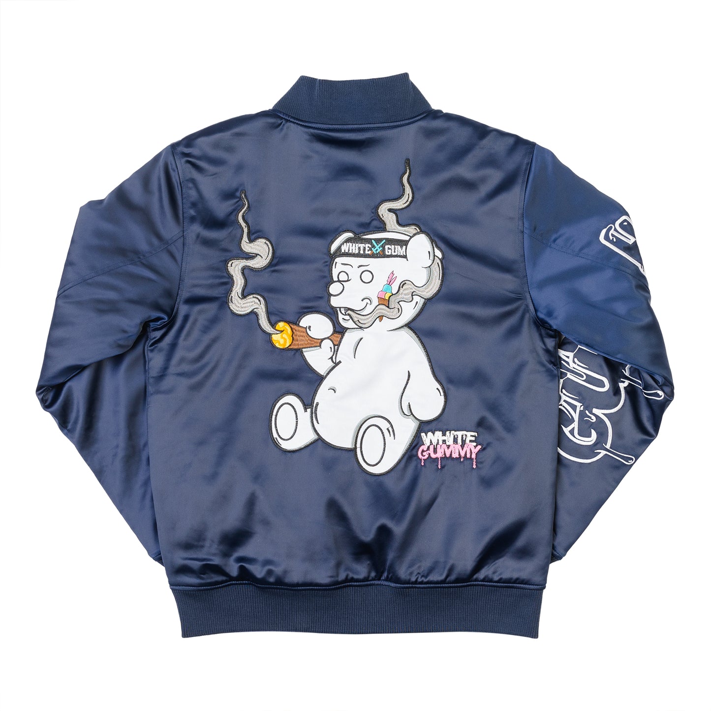 WHITE GUMMY SATIN BASEBALL JACKET - NAVY