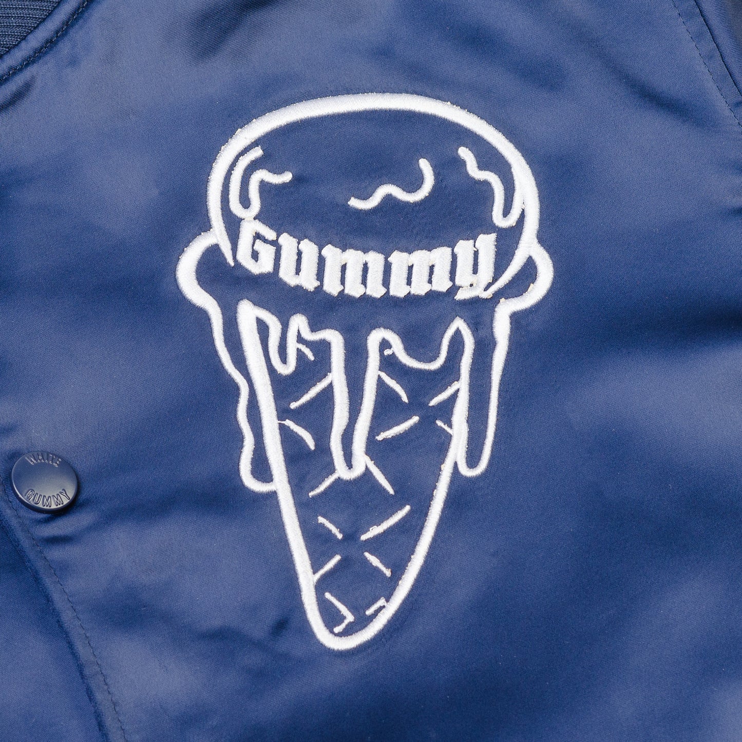 WHITE GUMMY SATIN BASEBALL JACKET - NAVY