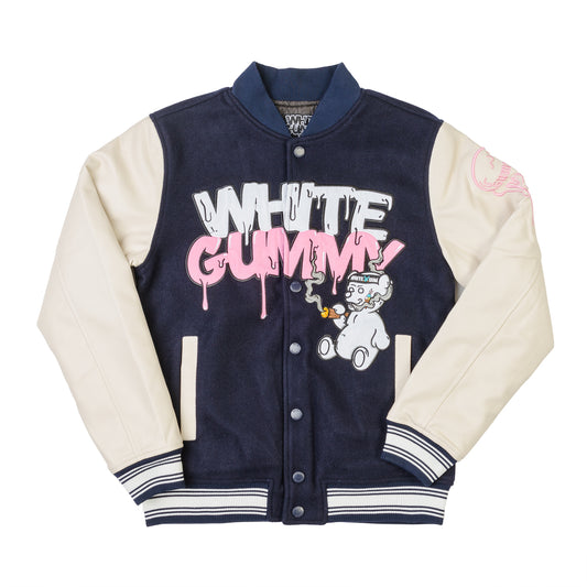 WHITE GUMMY VARSITY JACKET - NAVY