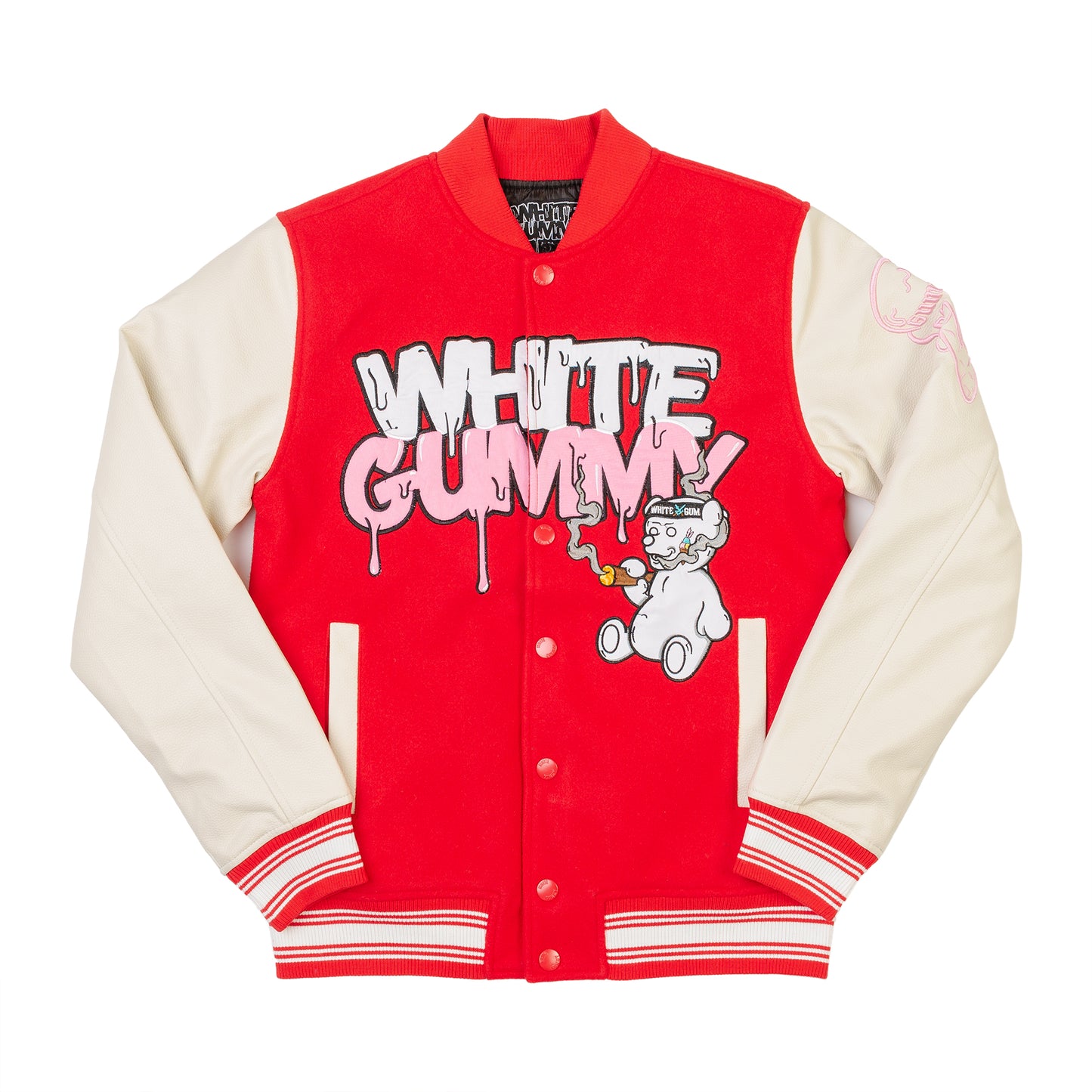 WHITE GUMMY VARSITY JACKET - RED