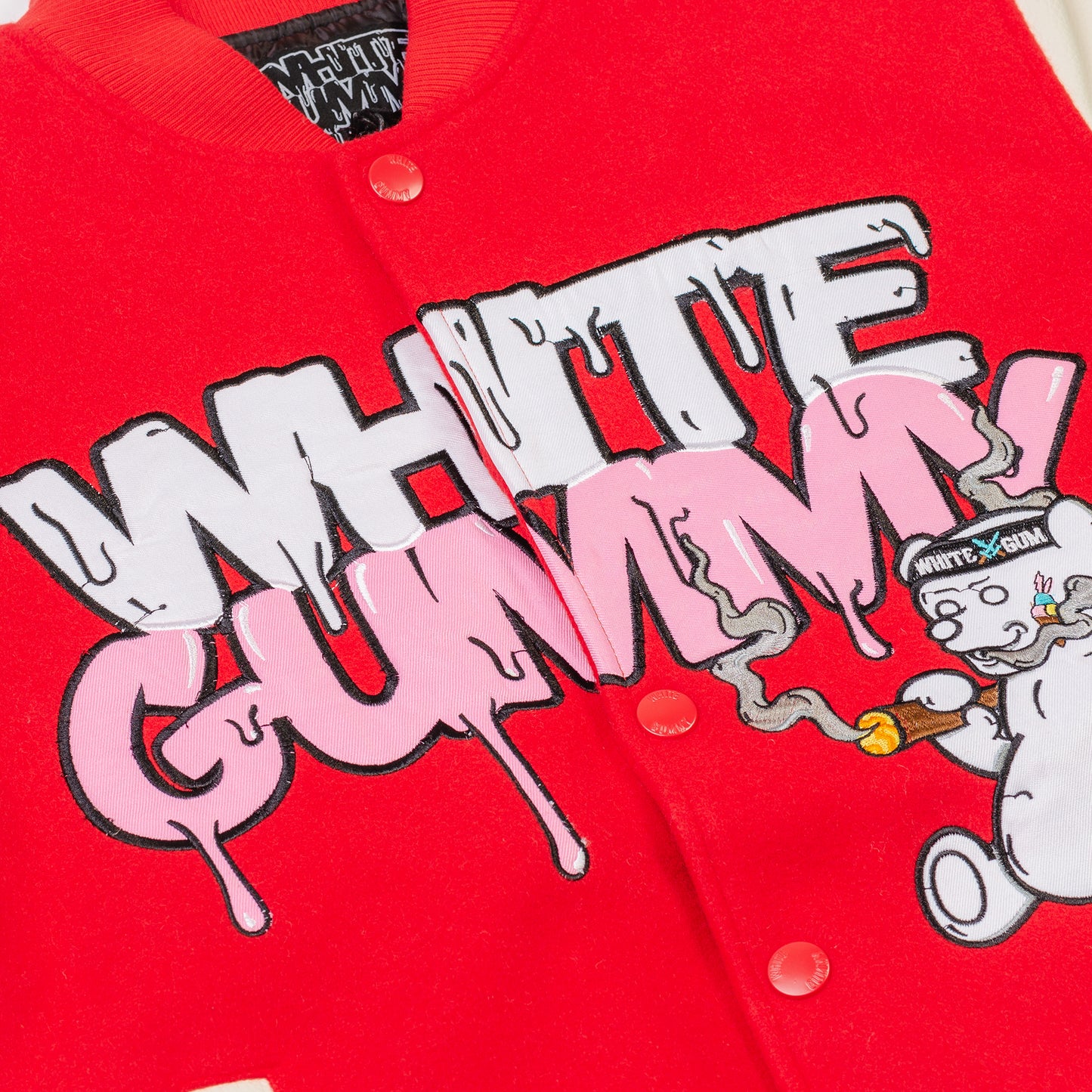 WHITE GUMMY VARSITY JACKET - RED